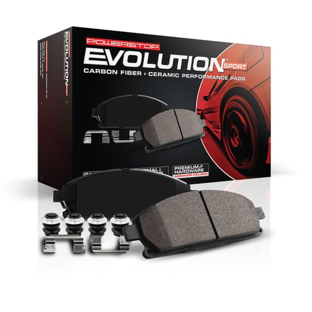 PowerStop Z23 front brake pads package with carbon-fiber ceramic design for low dust braking.