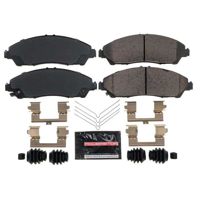 PowerStop Z23 front brake pads for Honda Pilot with hardware visible for easy bolt-on install.