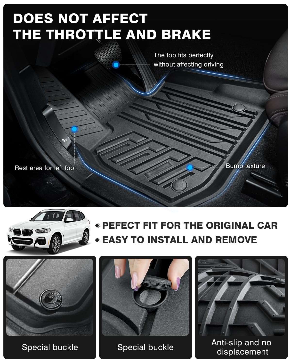 Powerty floor liners trap sand, water, and mud for simpler cleanup.