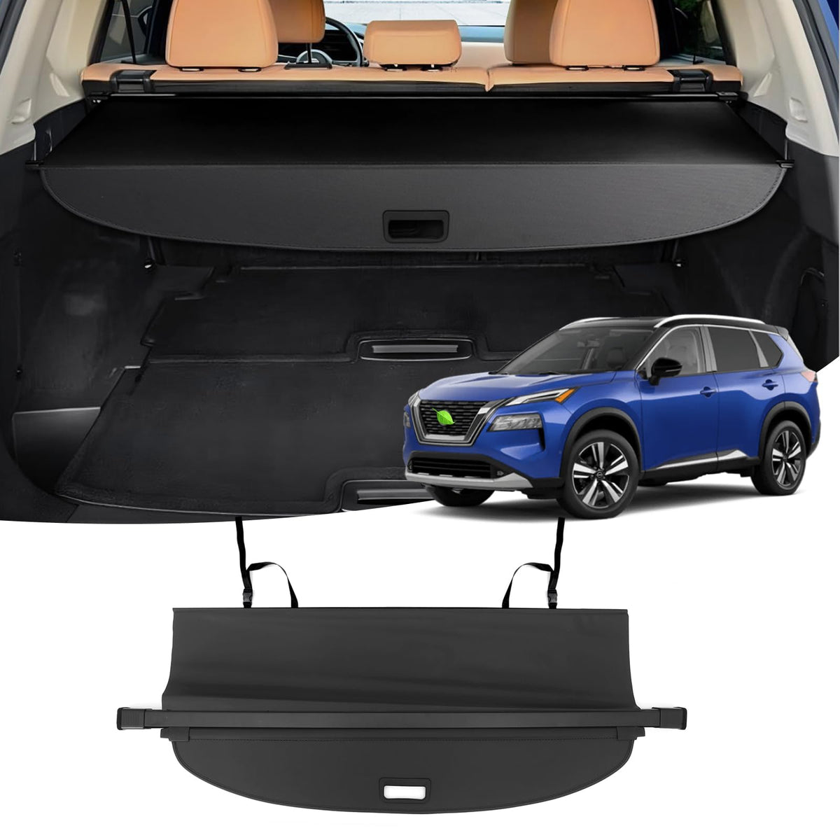 Powerty cargo cover for Nissan Rogue showing retractable design for organized trunk storage.