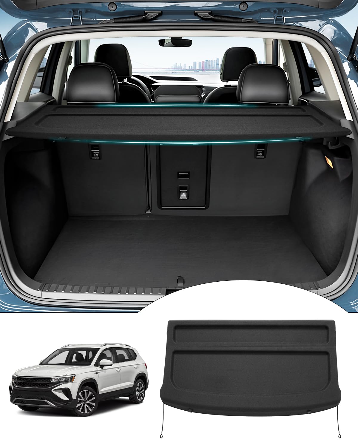Powerty cargo cover fits Taos trunk securely for privacy.