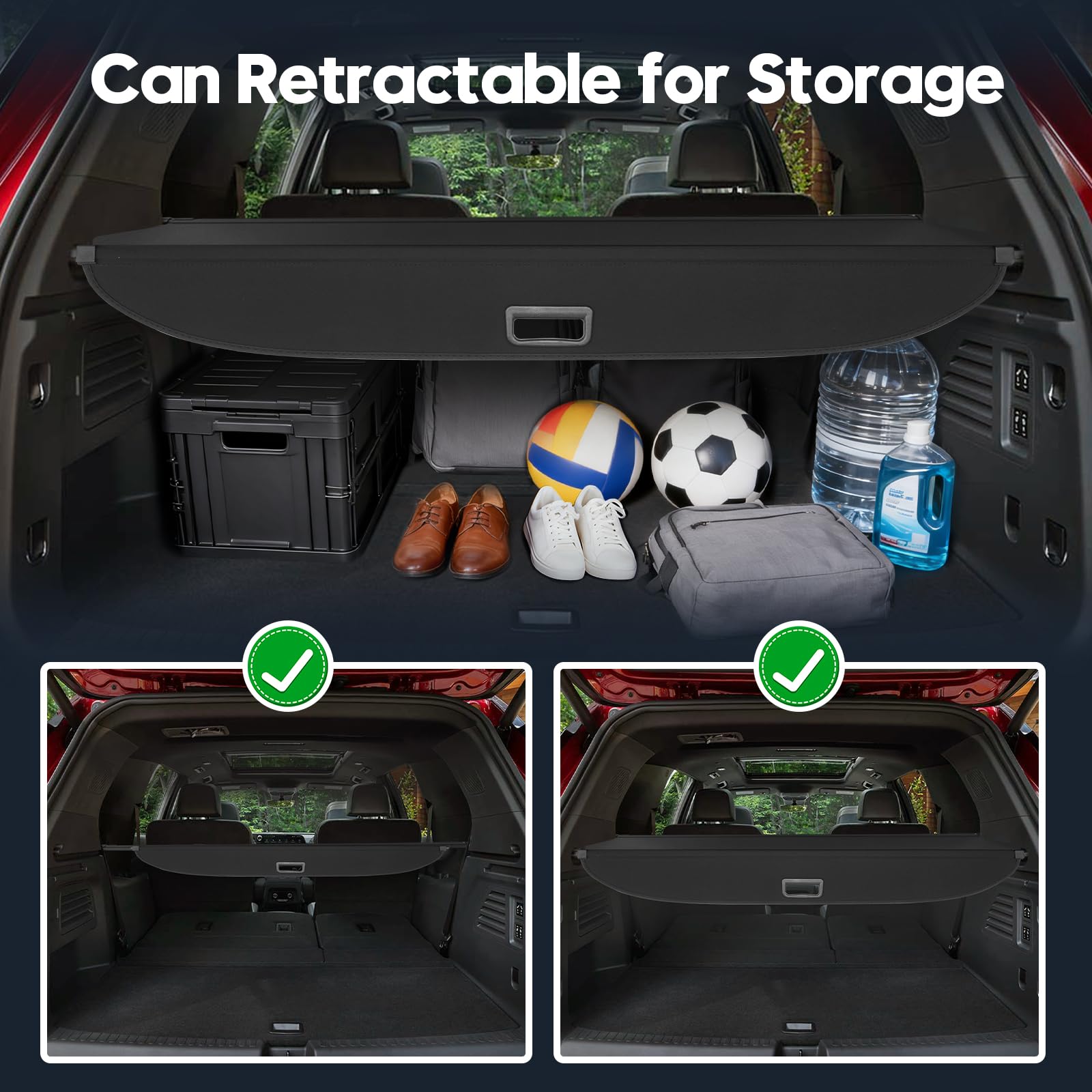 Powerty cargo cover with UV protection helps keep interior cooler.
