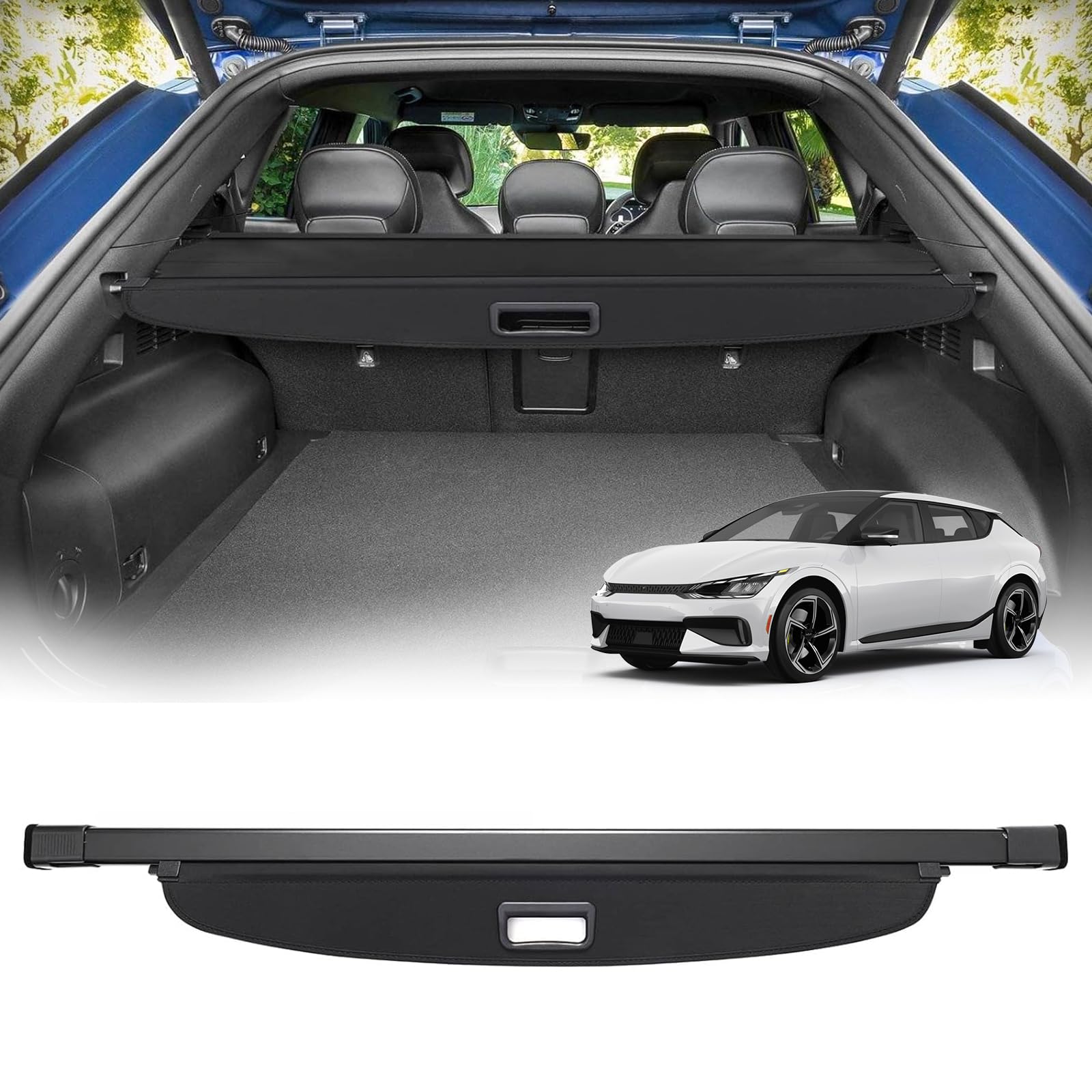 Powerty Kia EV6 cargo cover fit demonstrates precise trunk integration and organization.