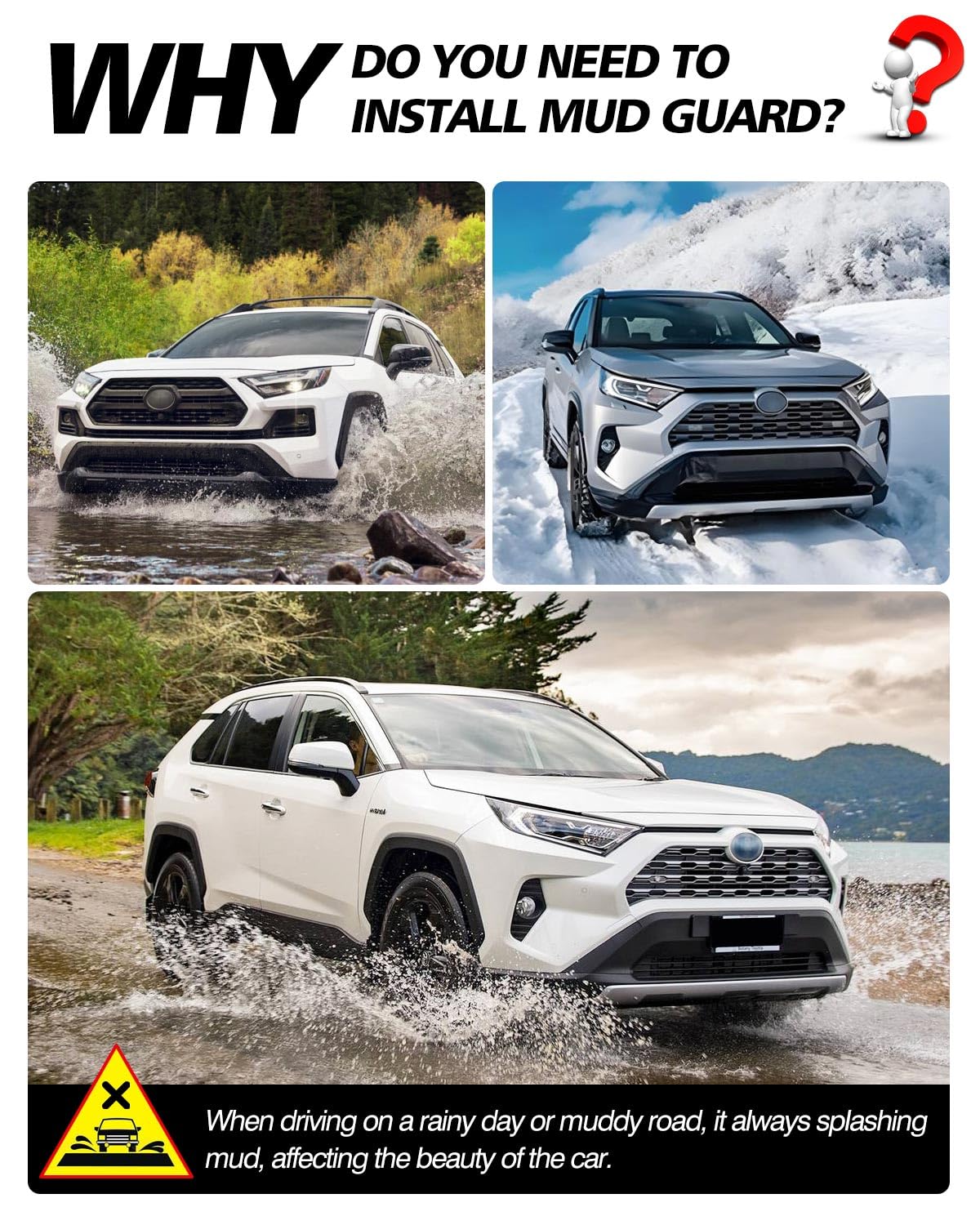 Powerty Rav4 rear right splash guard minimizes spray behind the vehicle
