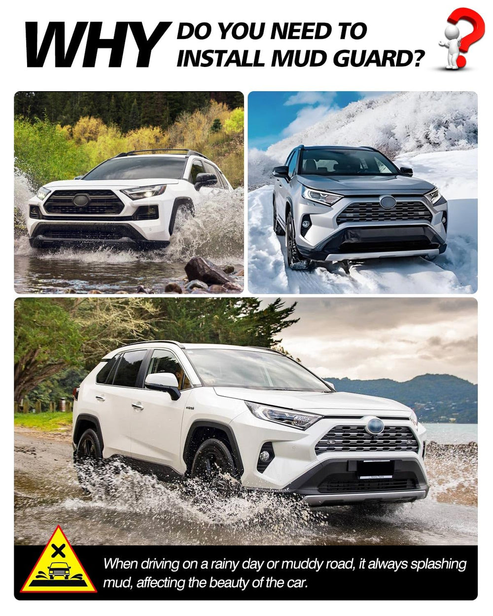 Powerty Rav4 rear right splash guard minimizes spray behind the vehicle