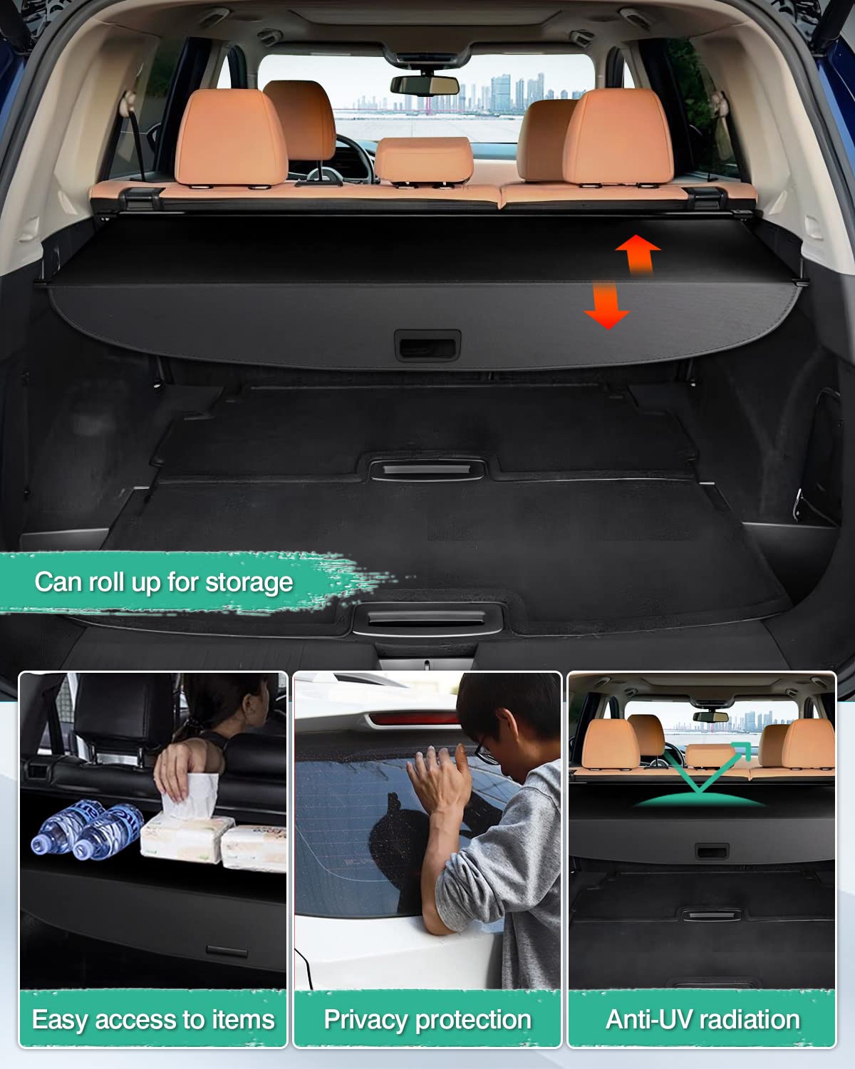 Powerty cargo cover gap flap sealing the trunk against item slipping.