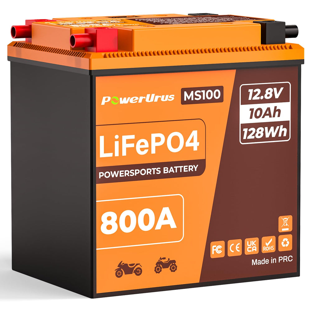 PowerUrus battery front view shows compact LiFePO4 design for easy installation.
