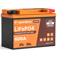 PowerUrus lithium battery close-up showing compact 12V 7Ah unit.