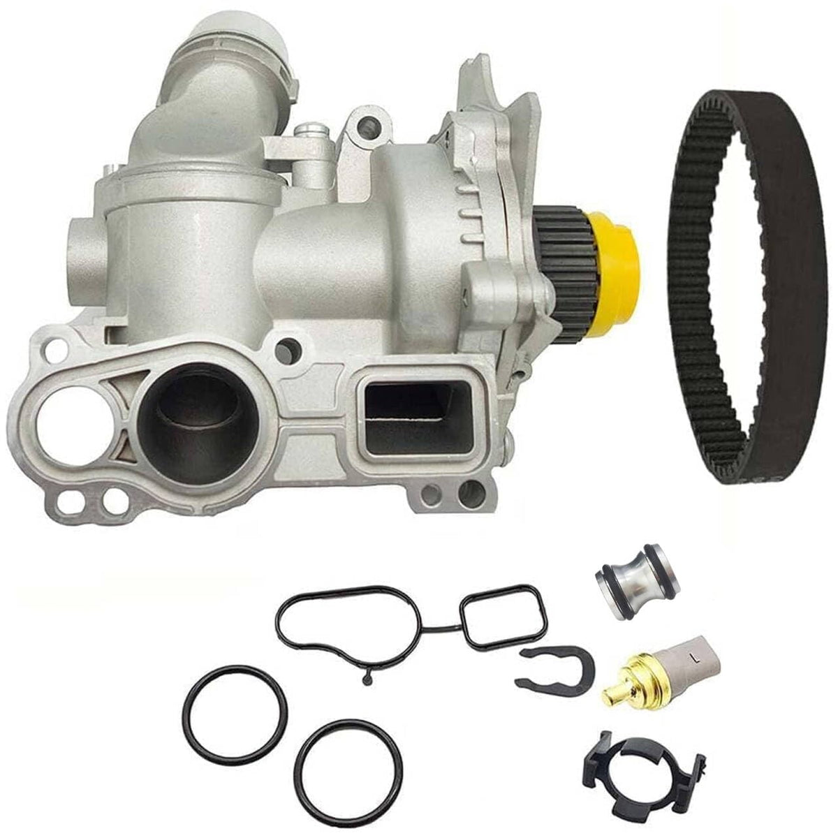 POWERWORKS aluminum water pump with belt and sensor ready for reliable installation.