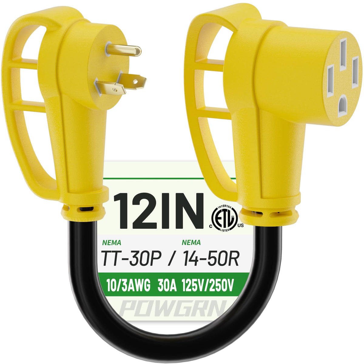 POWGRN 30A to 50A adapter front view for reliable outdoor RV power transitions.