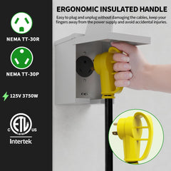 POWGRN grip-handle design on rv cord for easy plugging and unplugging.