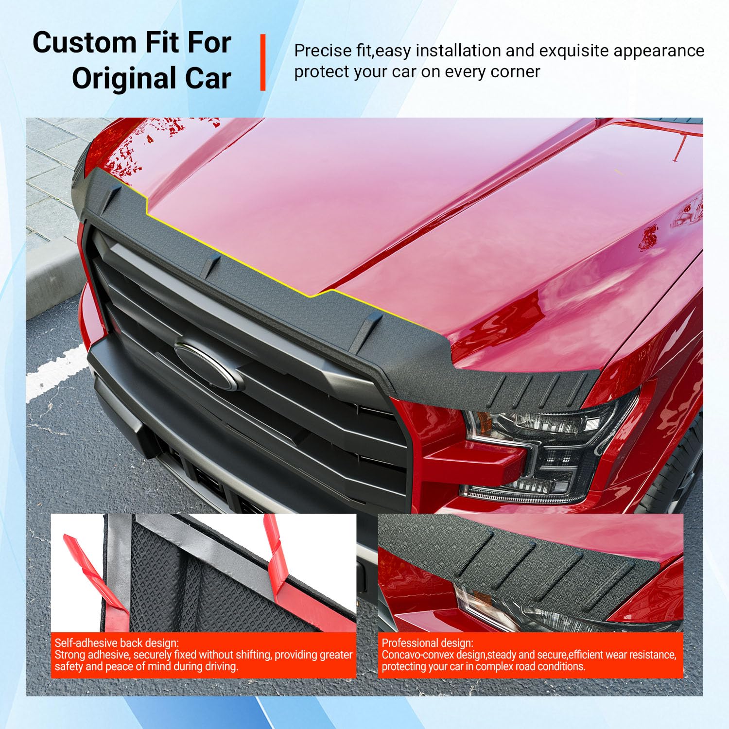 Powoq hood protector on Ford F-150 side angle shows curved bonnet compatibility and seamless fit.