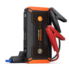 Powrun P-ONE jump starter front view with rugged orange case for outdoor readiness.