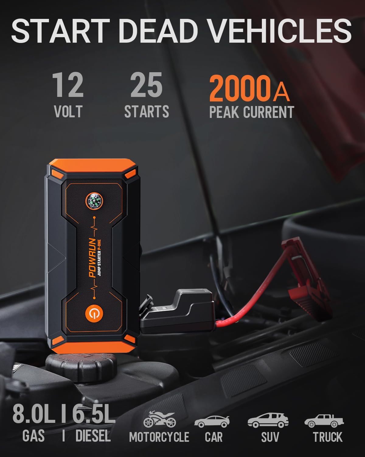 Powrun P-ONE LCD status display shows battery level for quick checks.