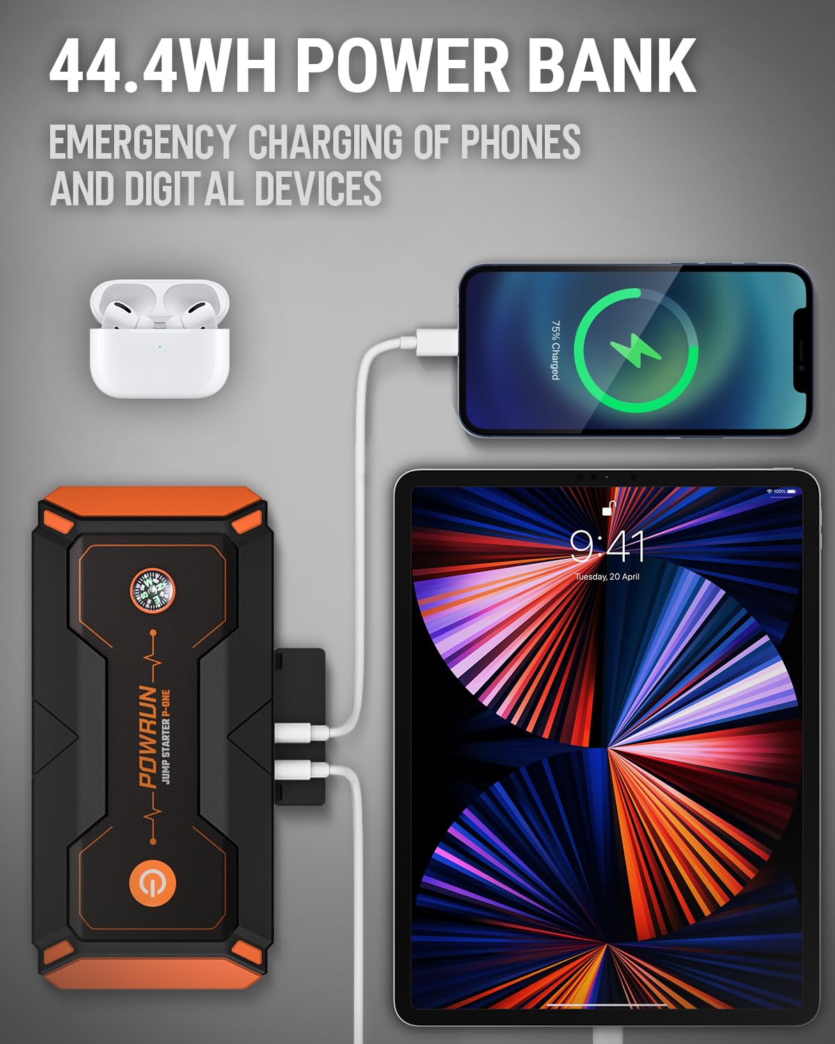 Powrun P-ONE USB-C port enables fast mobile charging.
