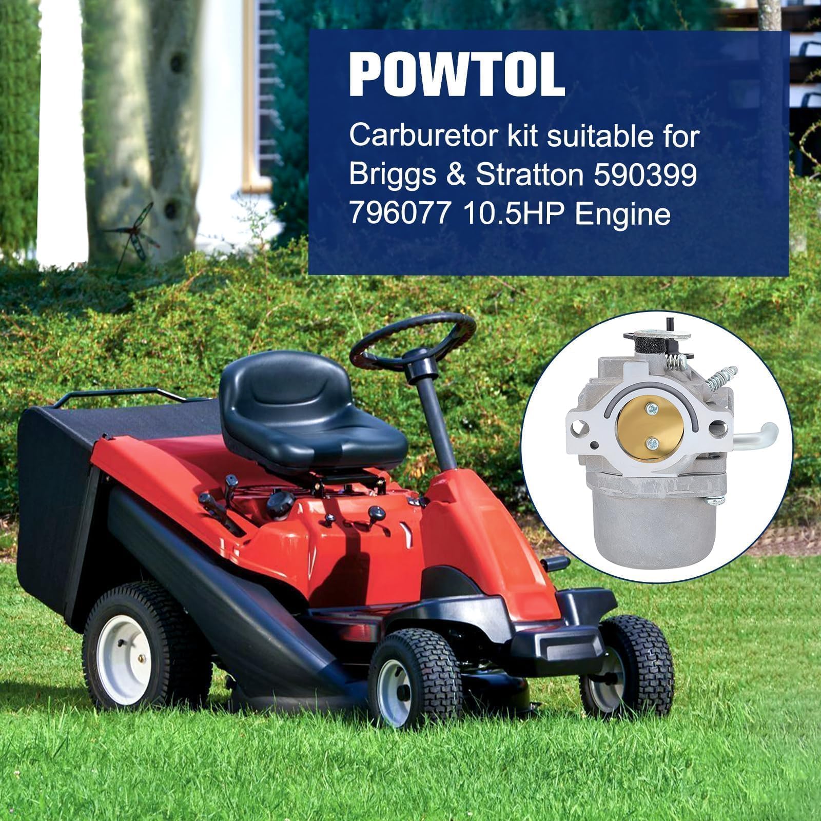 Powtol 590399 carburetor close-up assembly shows precise fittings for smooth engine start