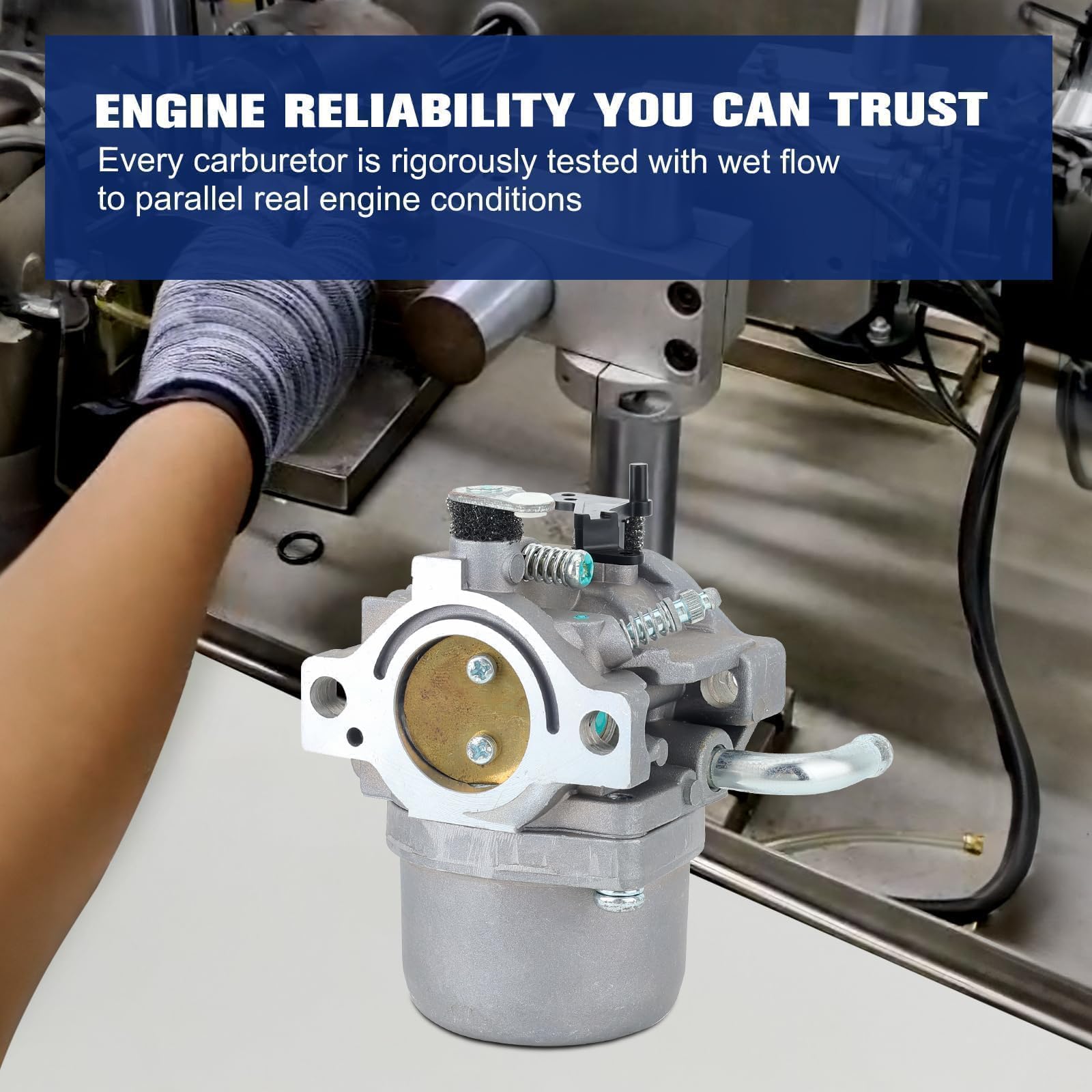 Powtol 590399 carburetor engine mount shows secure fit for mowing sessions