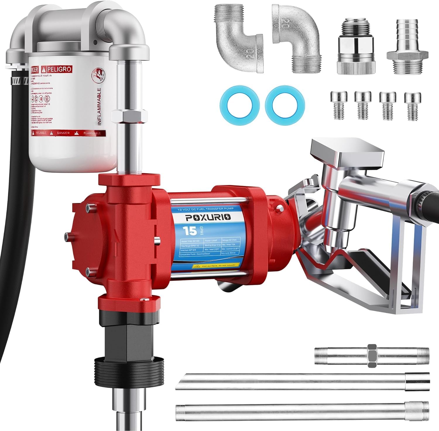 POXURIO fuel transfer pump delivers 15GPM for fast, controlled fuel transfers.