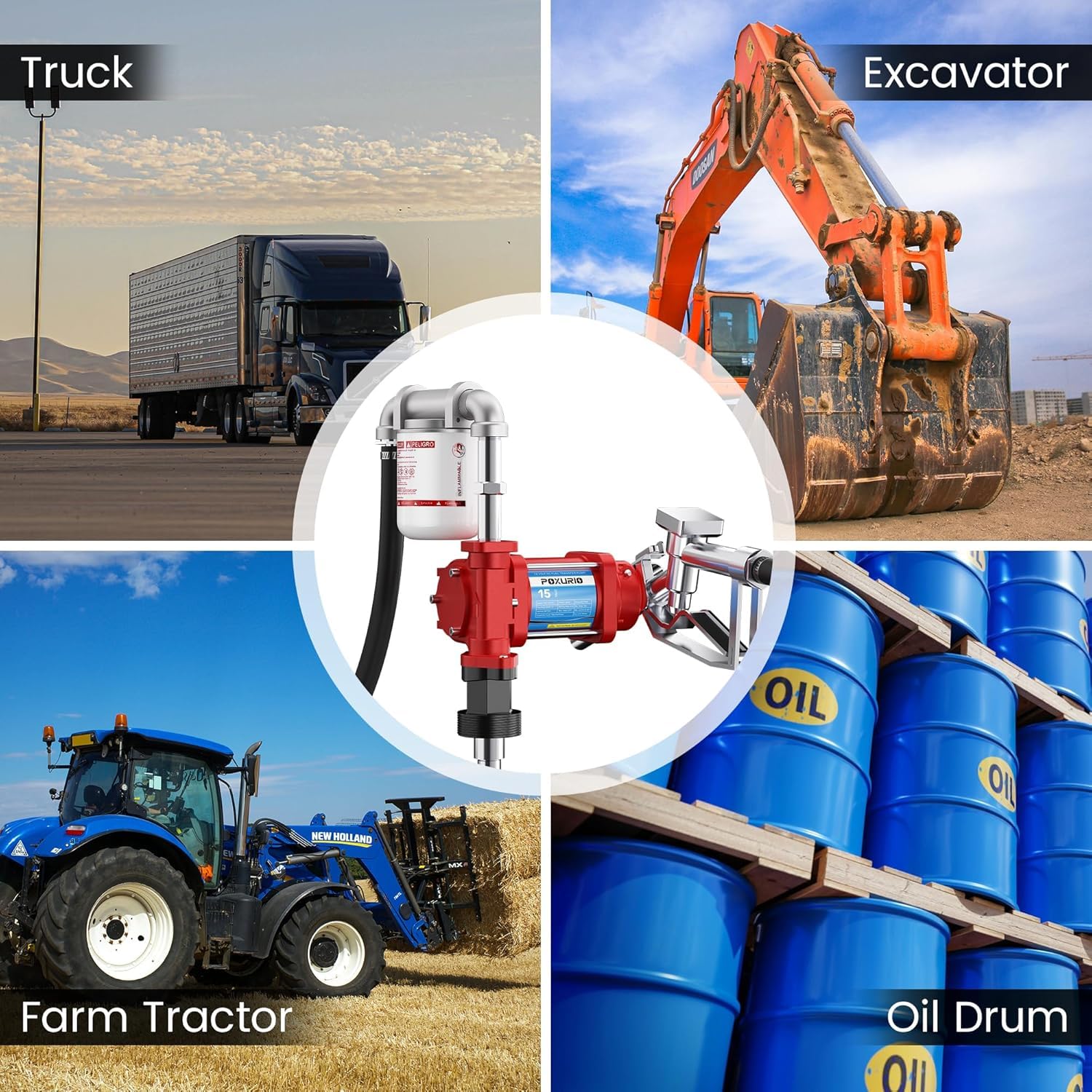 POXURIO pump supports gasoline, diesel, kerosene and more for versatility.