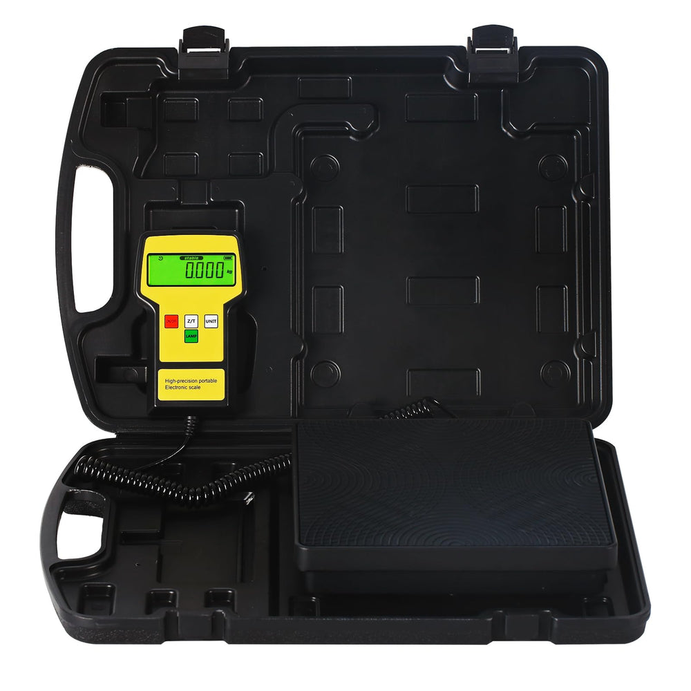 P PBAUTOS refrigerant scale with 220 lbs capacity and rugged aluminum body for accurate readings.