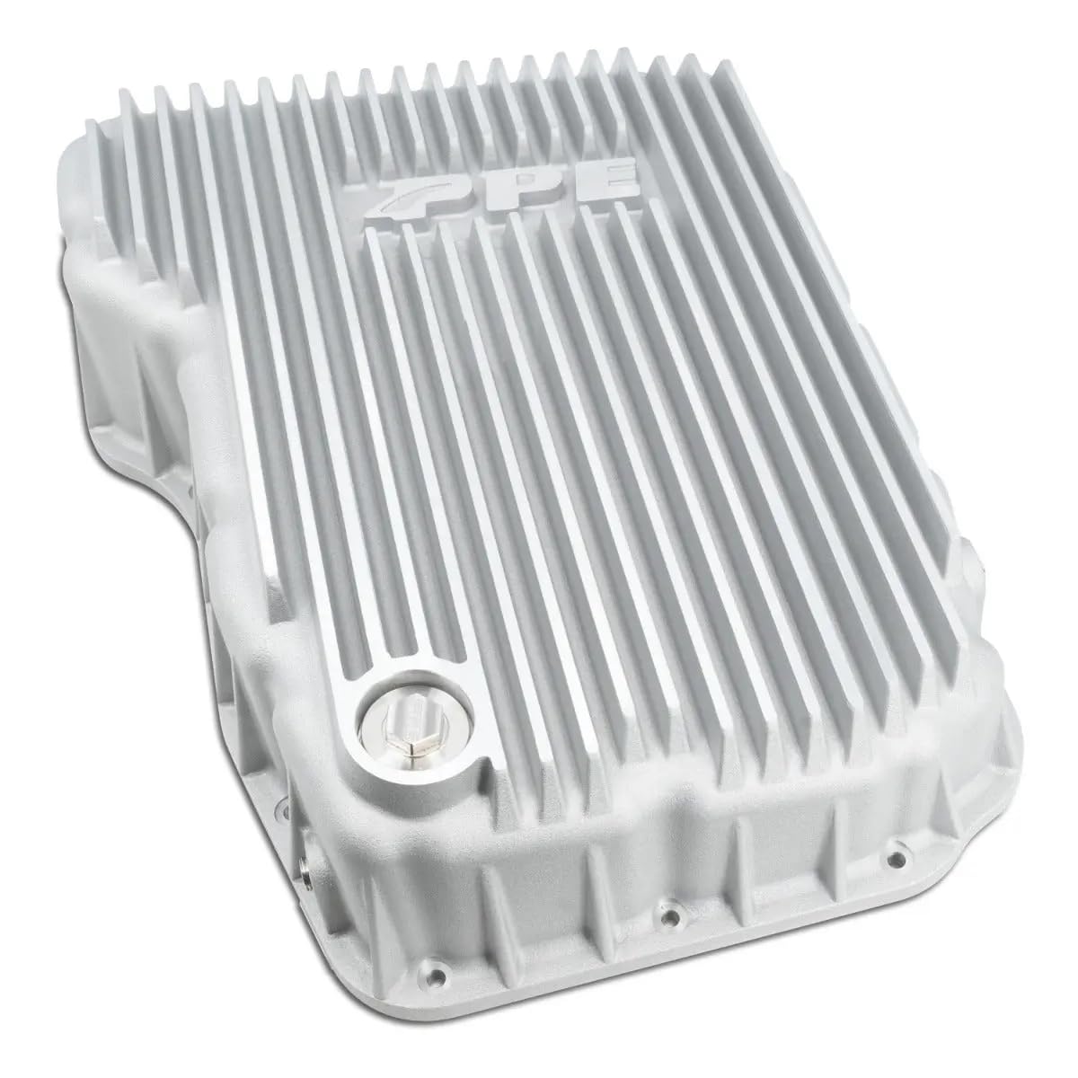 PPE heavy duty transmission pan brushed, side detail reveals rugged construction and OEM gasket compatibility