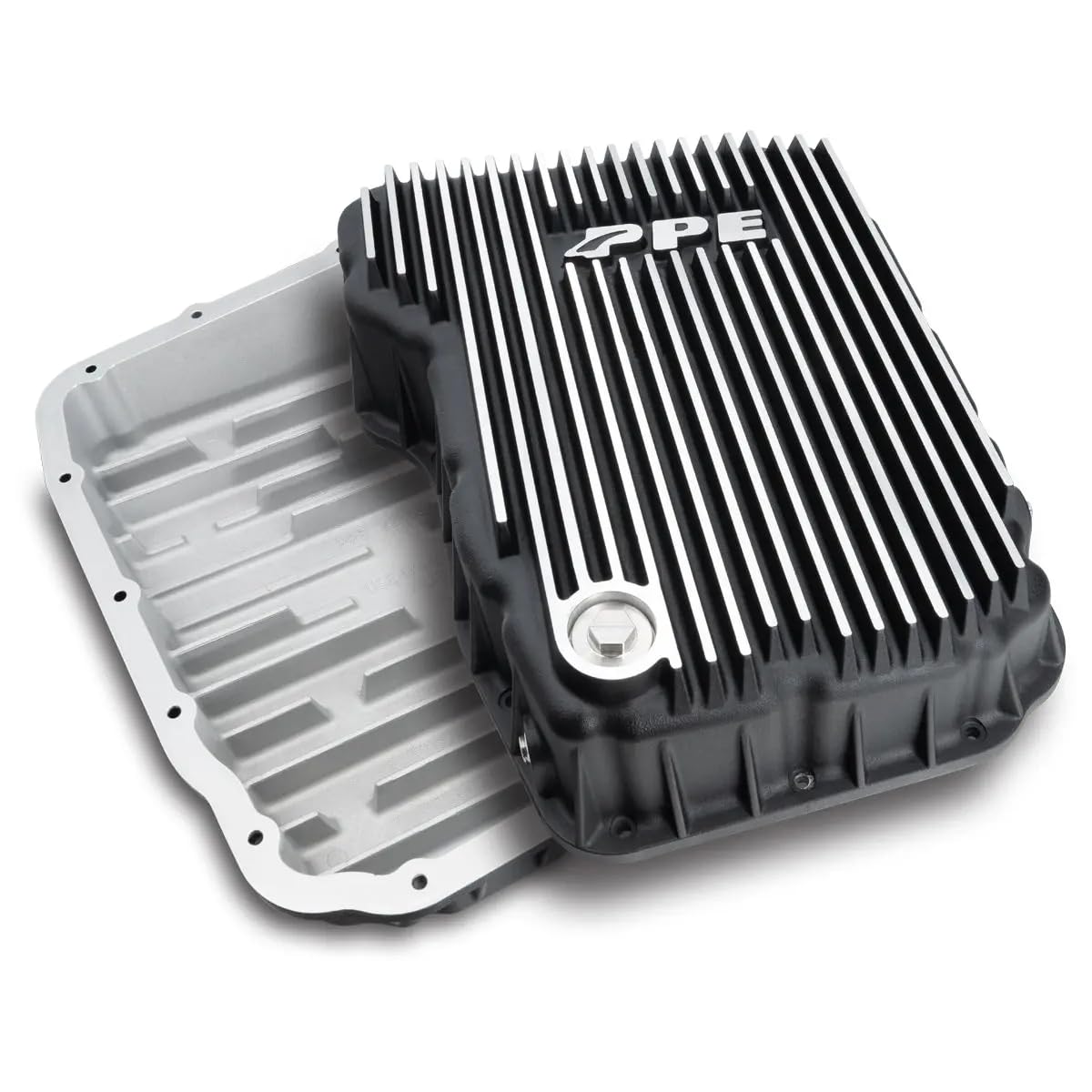PPE heavy duty transmission pan brushed, top view shows added capacity for cooler fluid