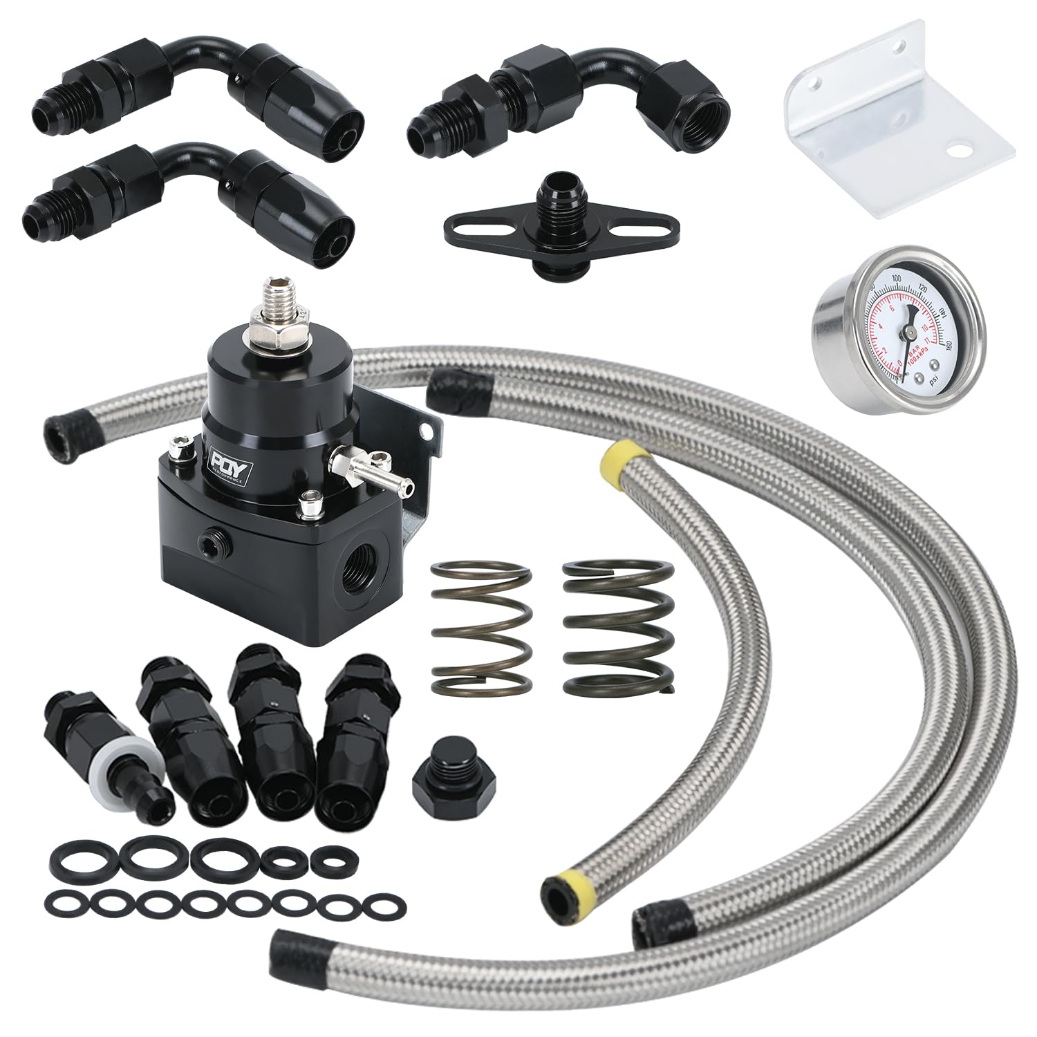 PQY adjustable fuel pressure regulator kit with 3-70 PSI range for EFI systems.
