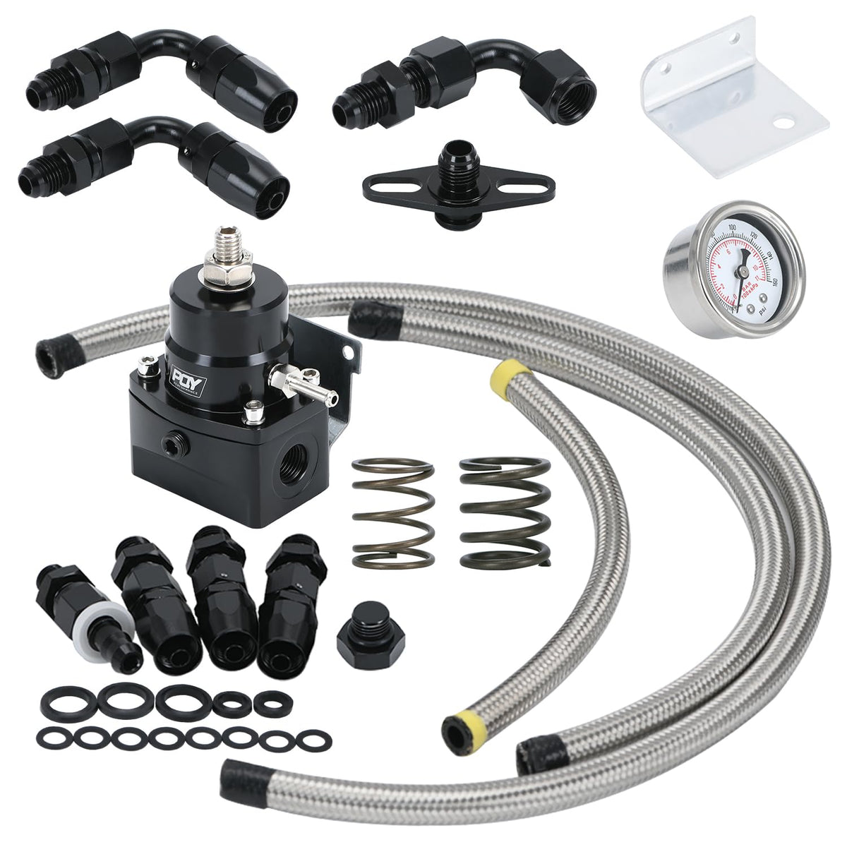 PQY adjustable fuel pressure regulator kit with 3-70 PSI range for EFI systems.