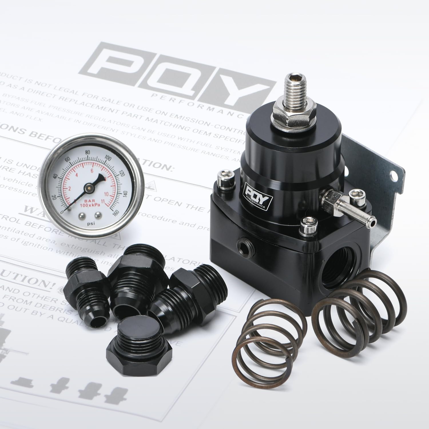 PQY regulator kit components including AN fittings and gauge for ready installation.