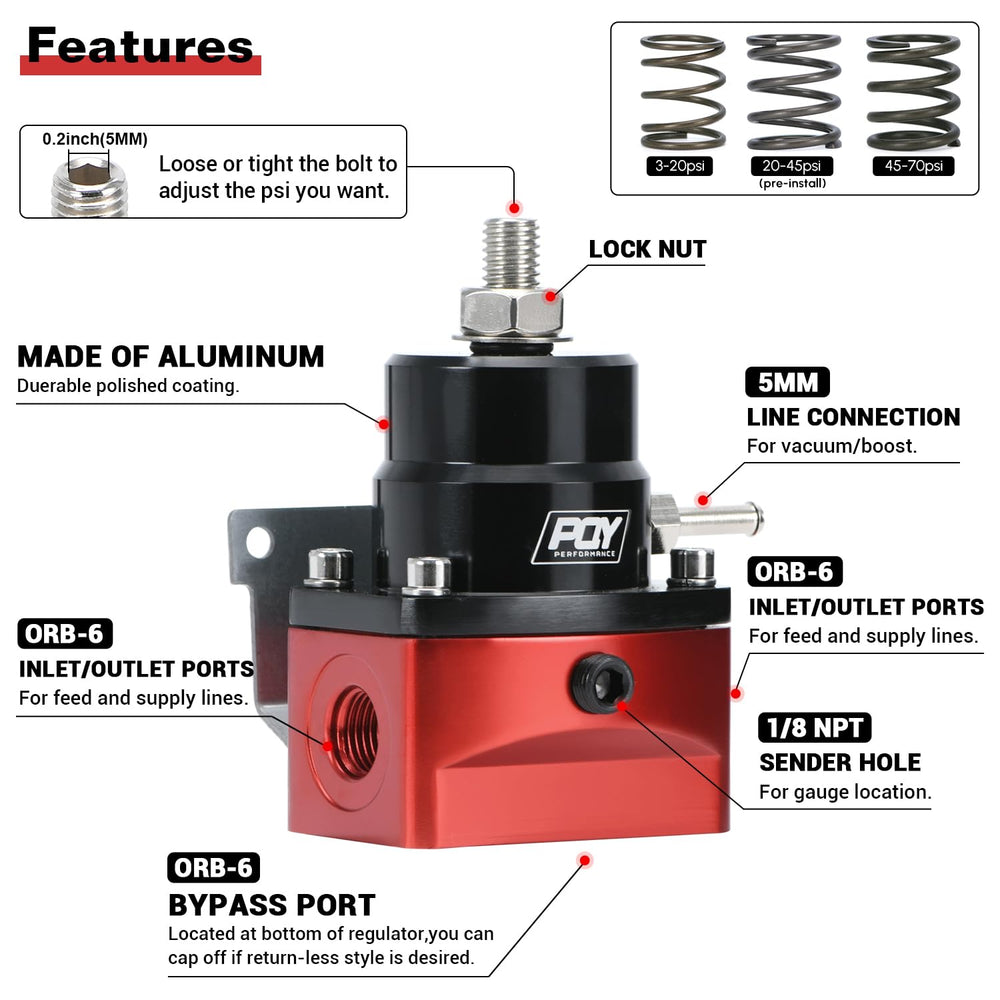 PQY regulator 6AN feed ports enable secure EFI fuel line connections.