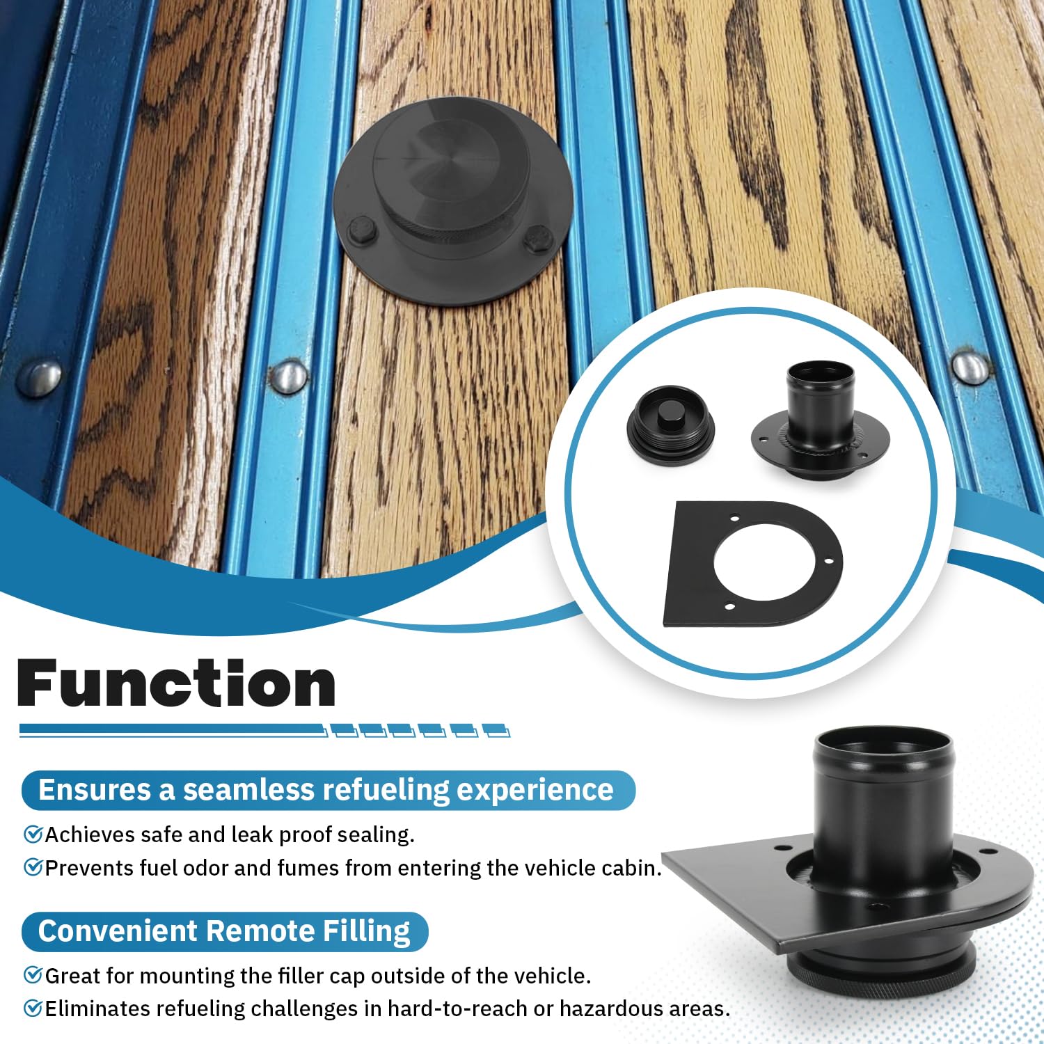 PQY remote filler neck installed on a vehicle for external access.