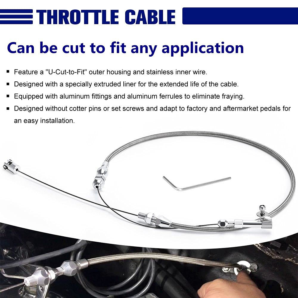 PQY stainless steel braided throttle cable with aluminum fittings reduces fraying and enhances durability.