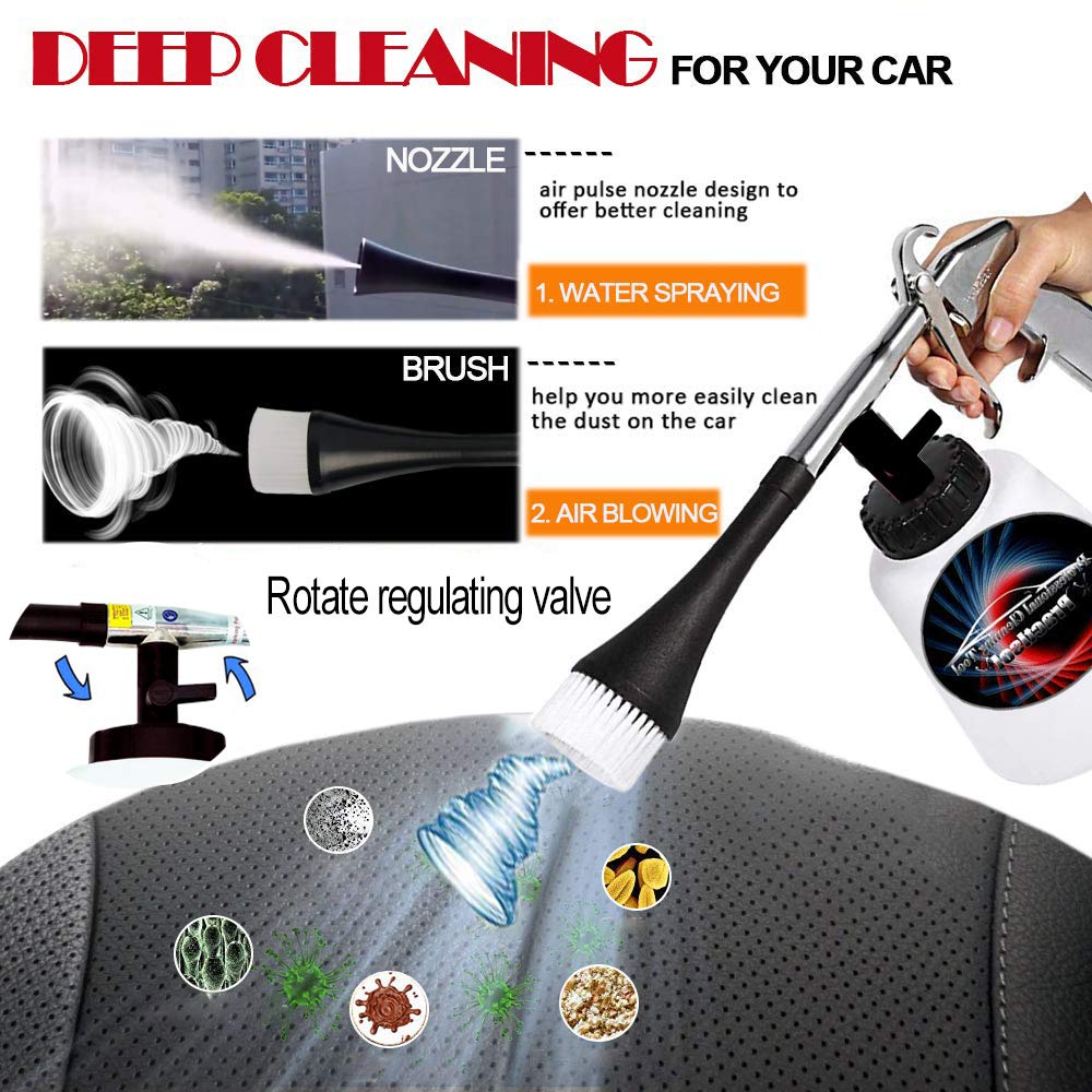 Practisol cleaner water spraying mode targeting upholstery and dashboards for dirt removal