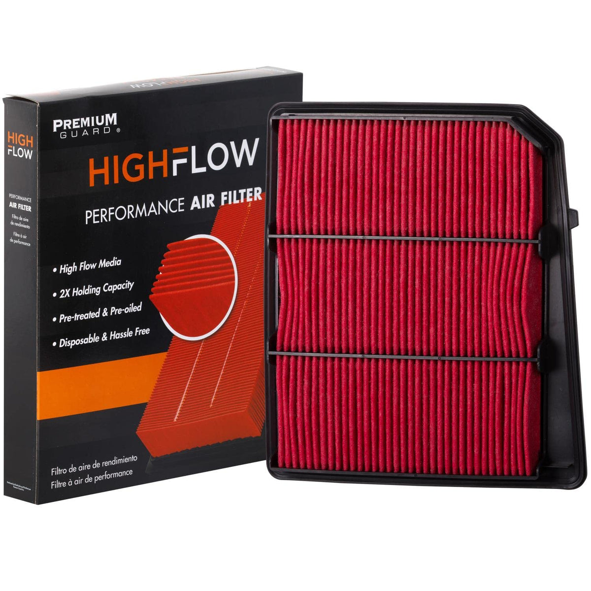 Premium Guard HIGHFLOW air filter close-up shows pre-oiled media for cleaner air.