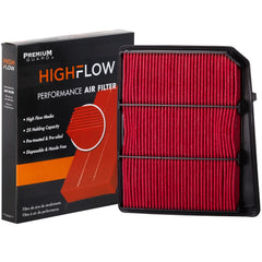 Premium Guard HIGHFLOW air filter close-up shows pre-oiled media for cleaner air.
