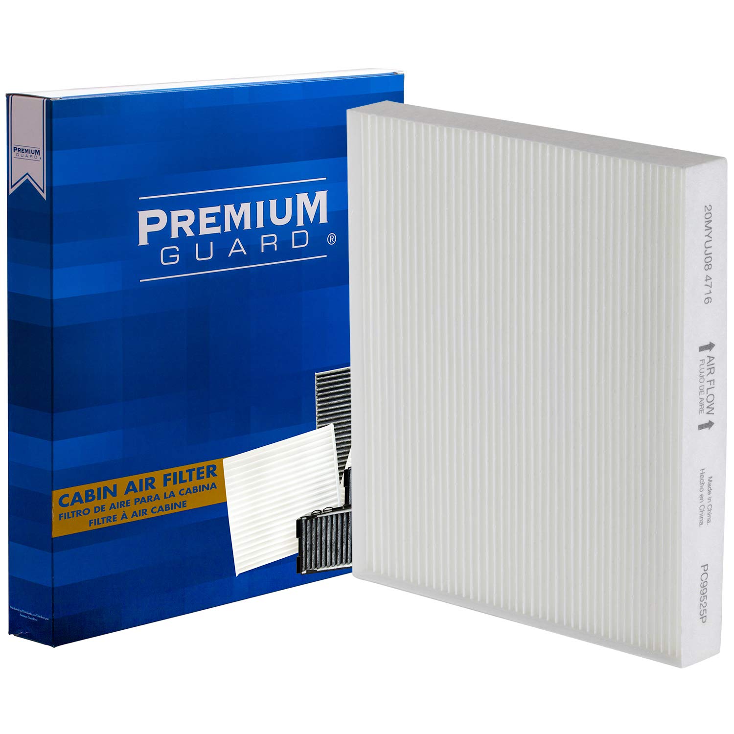 Premium Guard PC99525P cabin filter packaging shown for clean air filtration.