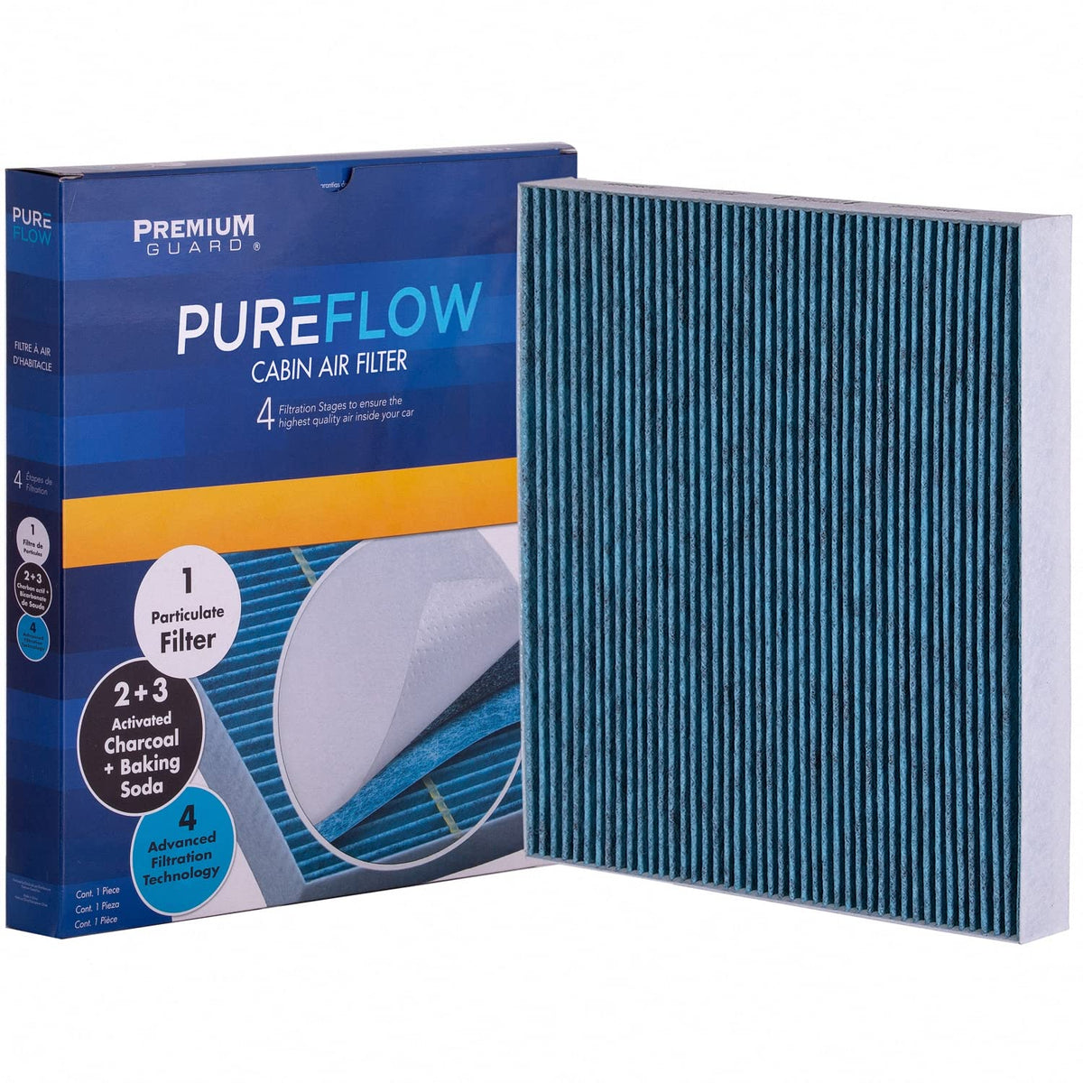 Premium Guard PC99549X filter, front view, purifies cabin air by trapping dust and pollen.