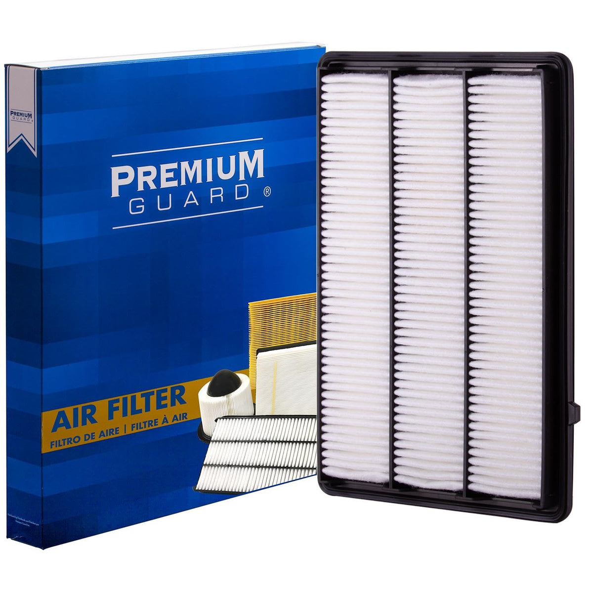 Premium Guard PA99486 engine air filter inside housing for clean intake air.