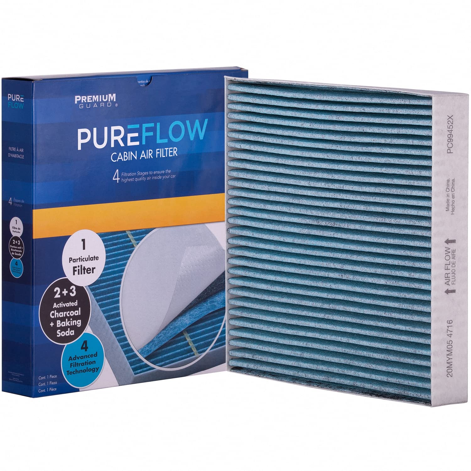 Premium Guard PureFlow cabin air filter front view improves cabin air quality.