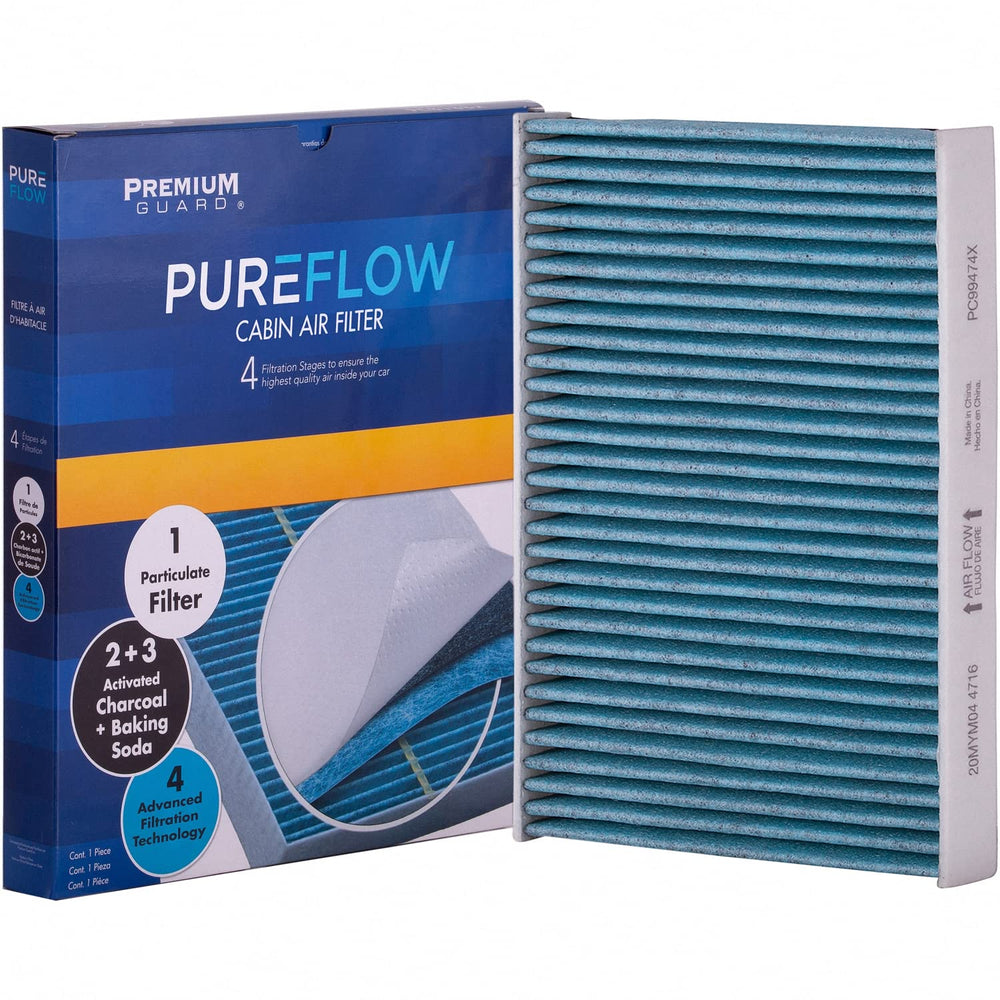 Premium Guard PureFlow cabin air filter in box, ready for installation.