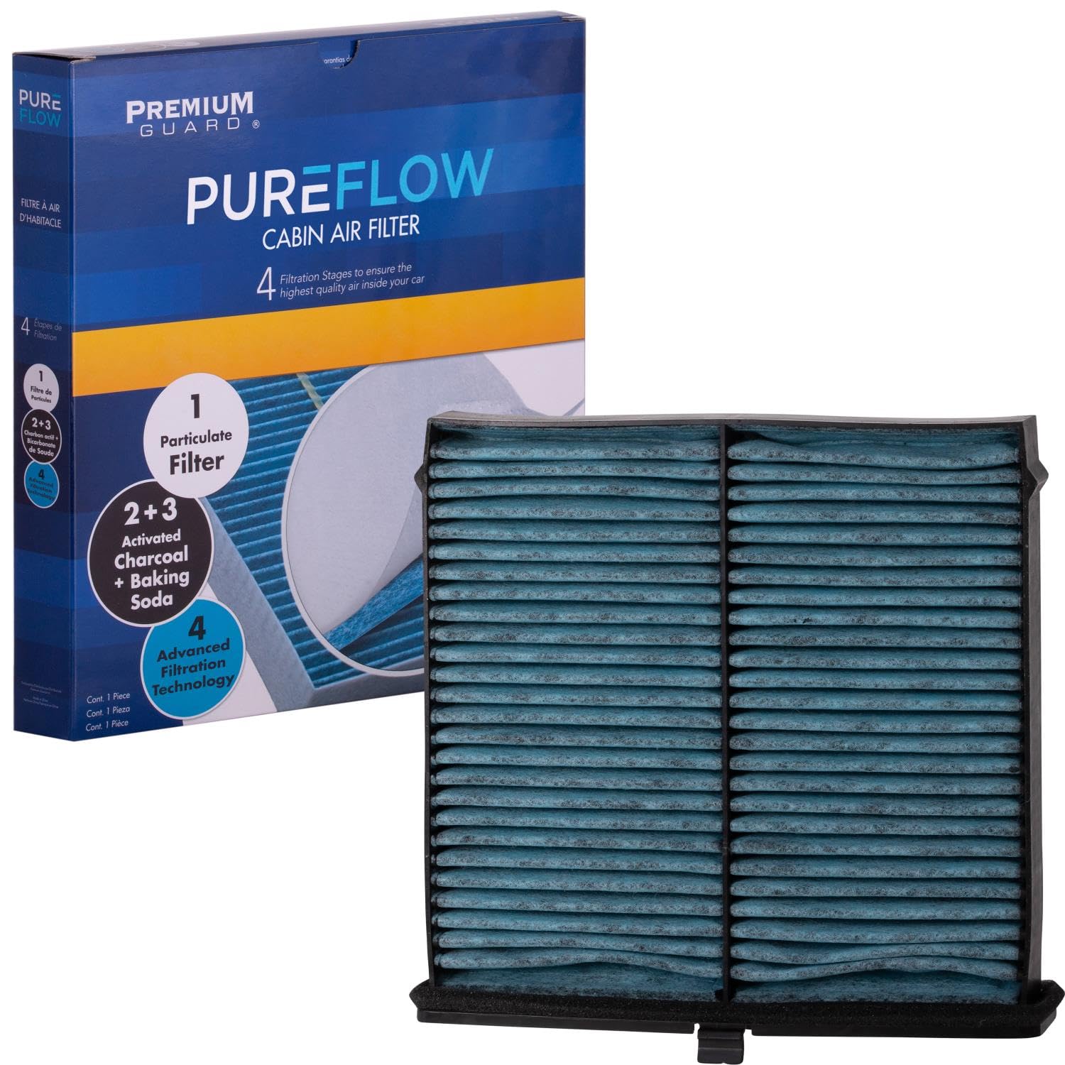 Premium Guard PureFlow packaging shows the cabin air filter ready for install.