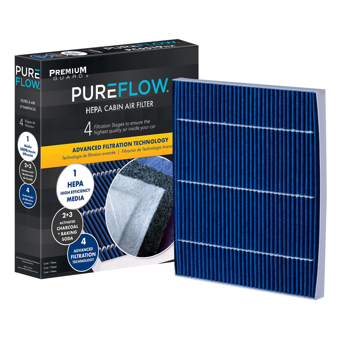 Premium Guard PureFlow cabin air filter close-up media for cleaner cabin air.