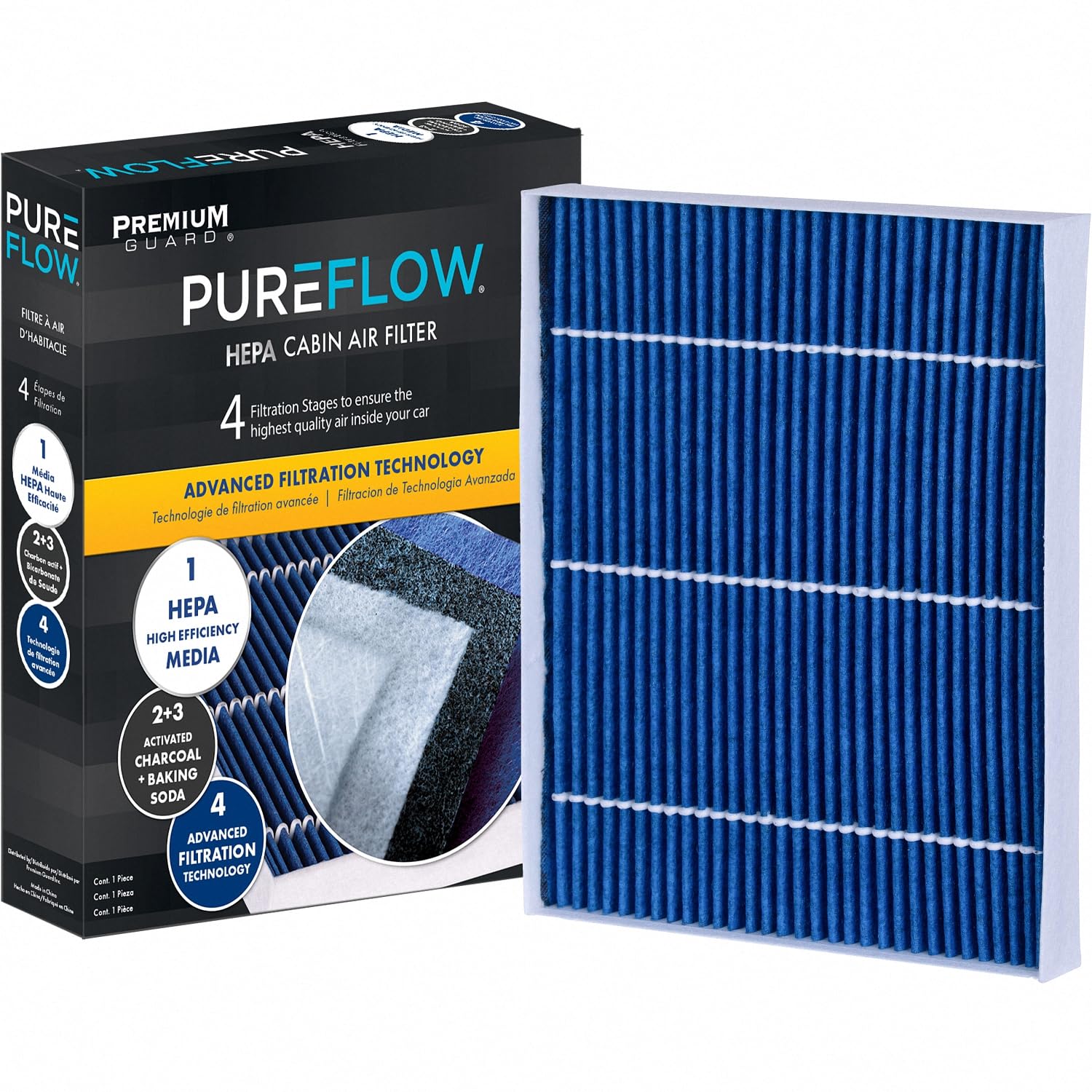 Premium Guard PureFlow filter closeup showing multi-layer filtration for clean cabin air.
