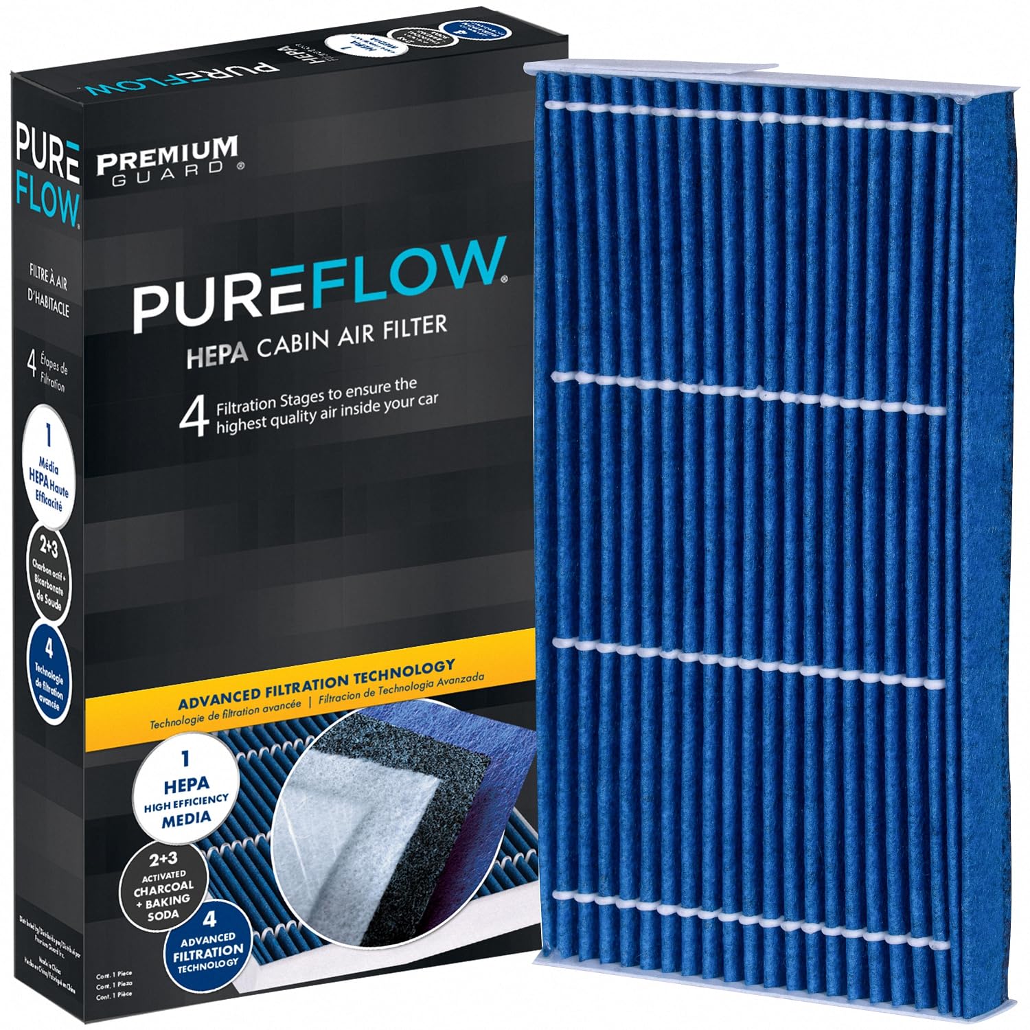 Premium Guard PureFlow filter box showcases packaging for clean cabin air.