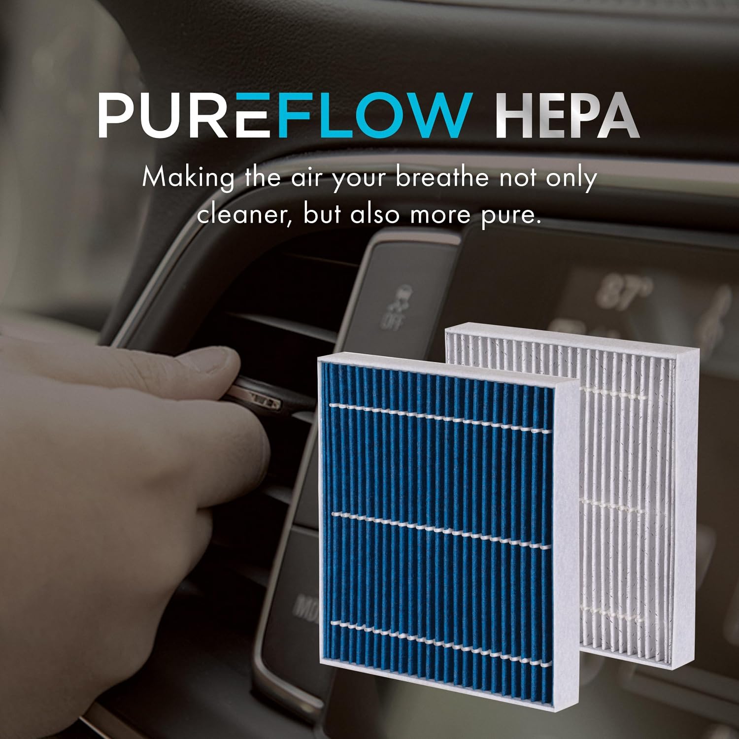 Graphic showing fresh air improvement inside a BMW with PureFlow filter.