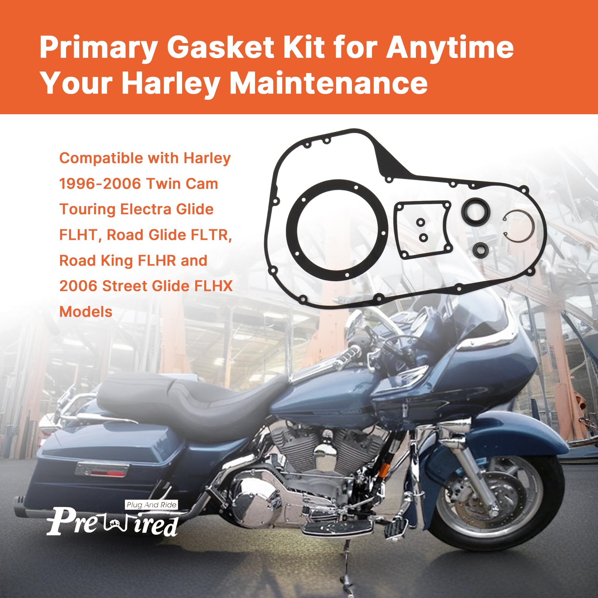 Prewired primary cover gasket set image showing eight-piece kit for straightforward Harley maintenance.