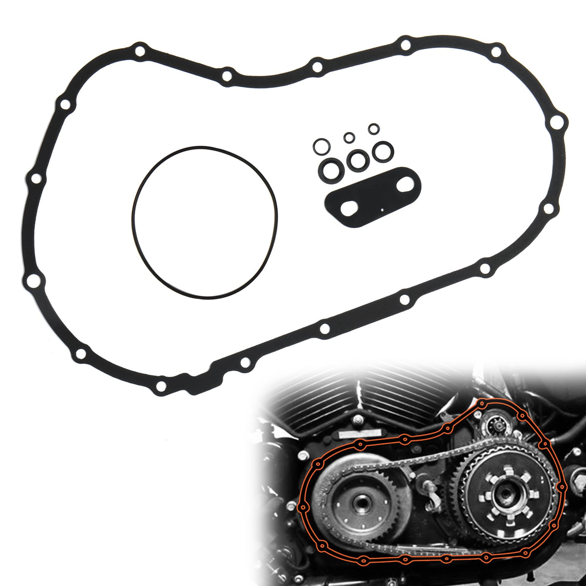 Prewired Sportster primary cover gasket set showing complete gasket kit for reliable clutch sealing