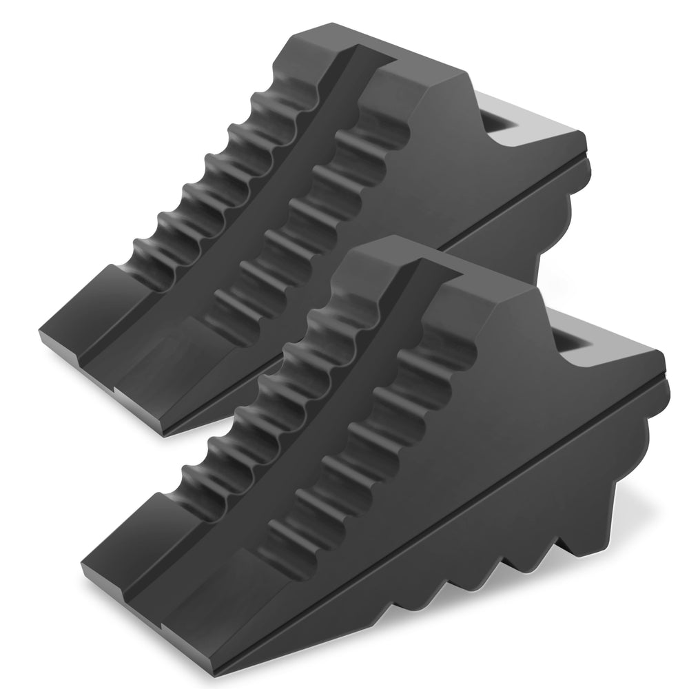 Prime 1 PR1ME heavy-duty wheel chocks, front view, two-pack for secure parking.