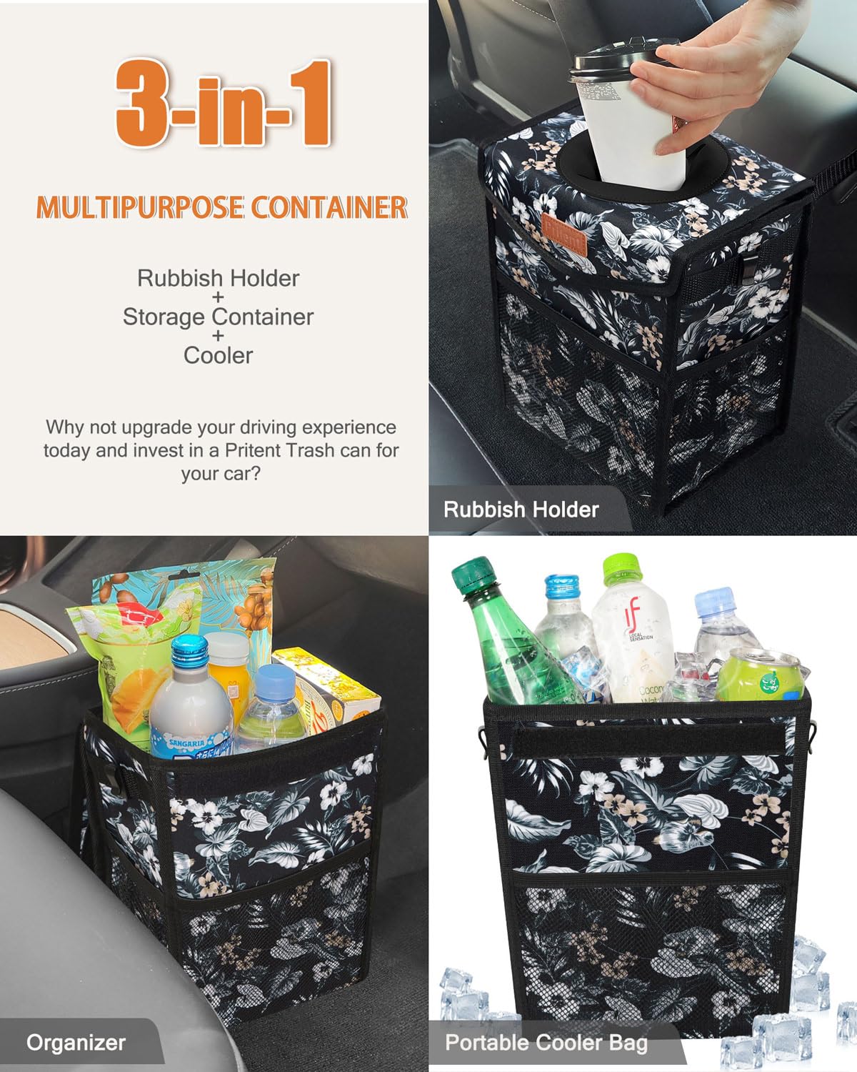 Trapezoid-shaped Pritent trash can fits snugly in vehicle corners.
