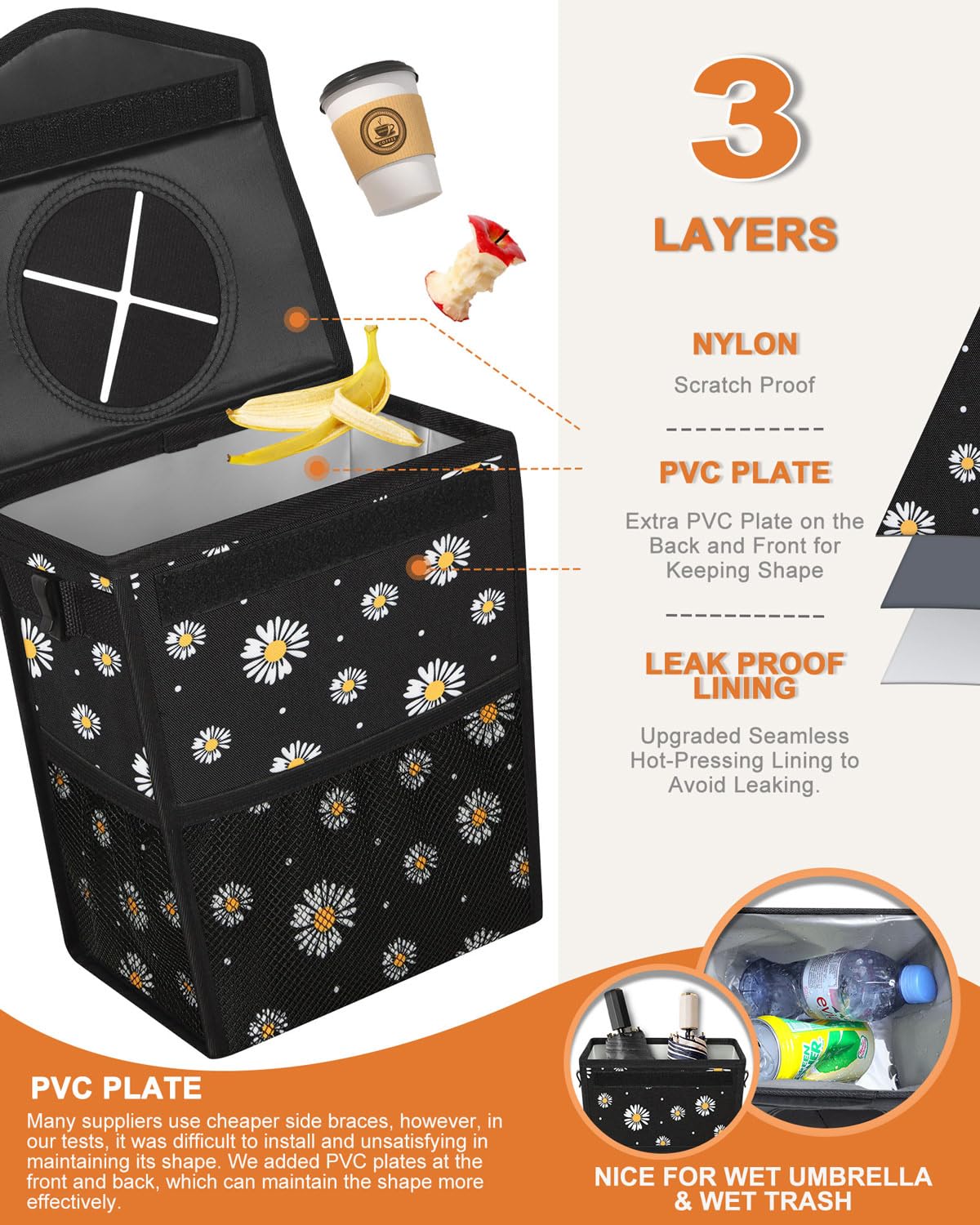 Pritent leakproof liner prevents spills during trips and messy accidents.